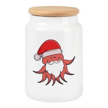 Festliches Oktopus-Weihnachtsmann-Design - Keksdose mit Holzdeckel - Weiß - Vorne