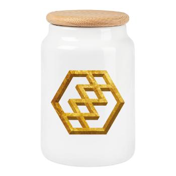 Golden Geometric Pattern - Cookie Jar with Wooden Lid - white - Front