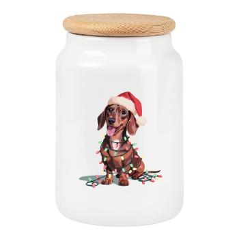 Dackel mit Weihnachtslichtern und Santa-Hut - Keksdose mit Holzdeckel - Weiß - Vorne