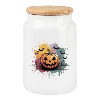 Halloween pumpkin lantern with face design - Cookie Jar with Wooden Lid - white - Front