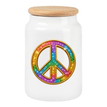 PEACE | Farbiger Friedenssymbol mit Glitzer-Optik - Keksdose mit Holzdeckel - Weiß - Vorne