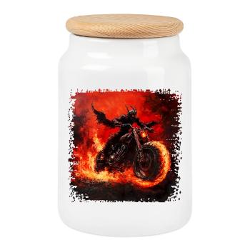 Demonic motorcyclist on fire - Cookie Jar with Wooden Lid - white - Front