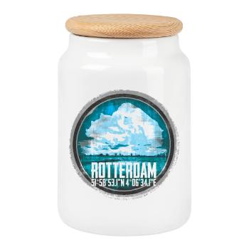 Rotterdam Skyline and Coordinates Design - Cookie Jar with Wooden Lid - white - Front