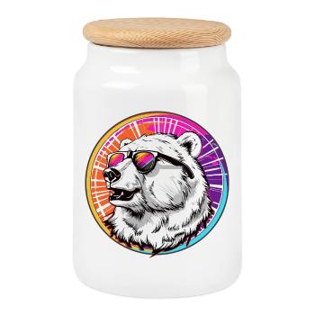 Bär mit Sonnenbrille im Neon-Design - Keksdose mit Holzdeckel - Weiß - Vorne