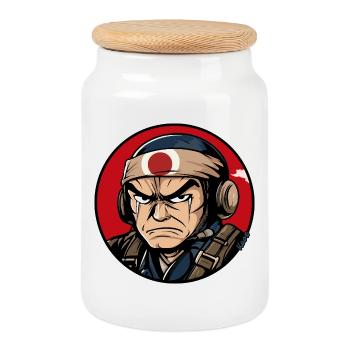 Warrior Samurai Cartoon Design - Cookie Jar with Wooden Lid - white - Front