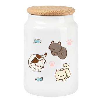 Adorable scène de jeu de chat et de poisson - Boîte à biscuits avec couvercle en bois - blanc - Devant
