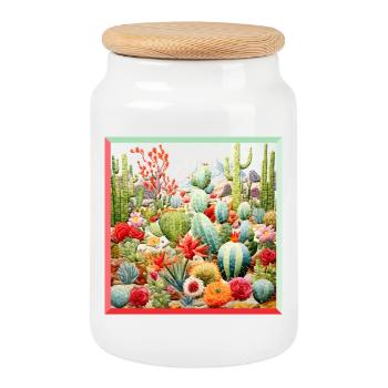 Stickerei Kakteen Sammlung Garten Landschaft  - Keksdose mit Holzdeckel - Weiß - Vorne