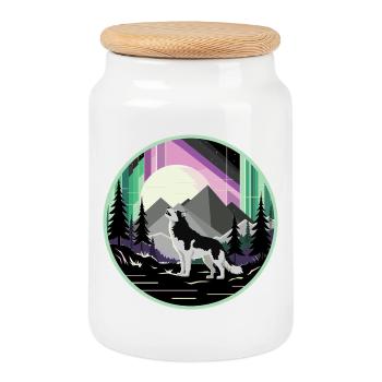 Siberian Husky with Northern Lights - Cookie Jar with Wooden Lid - white - Front