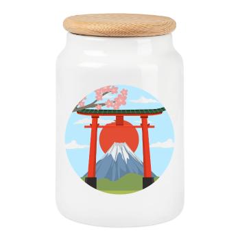 Mount Fuji and Torii Print - Cookie Jar with Wooden Lid - white - Front
