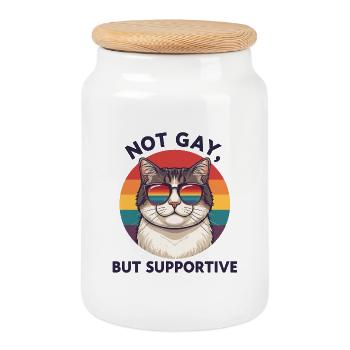 Pas gai, mais solidaire – Cat & Rainbow - Boîte à biscuits avec couvercle en bois - blanc - Devant