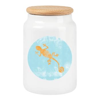 Gecko mit blauem Ibiza Design - Keksdose mit Holzdeckel - Weiß - Vorne