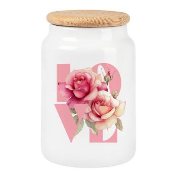 Elegant Rose Floral Design - Cookie Jar with Wooden Lid - white - Front