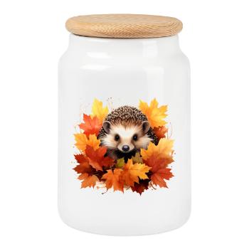 Autumn hedgehog in the leaves - Cookie Jar with Wooden Lid - white - Front