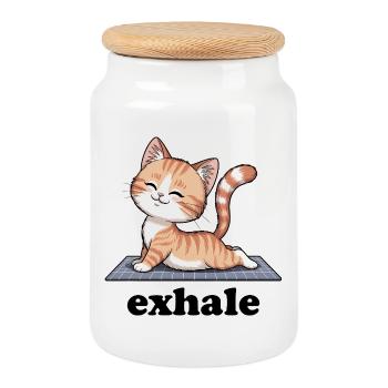 Exhale Yoga Zitat Süße Katze - Keksdose mit Holzdeckel - Weiß - Vorne