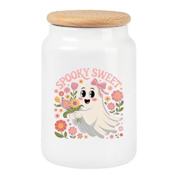 Cute ghost motifs with flower wreath - Cookie Jar with Wooden Lid - white - Front
