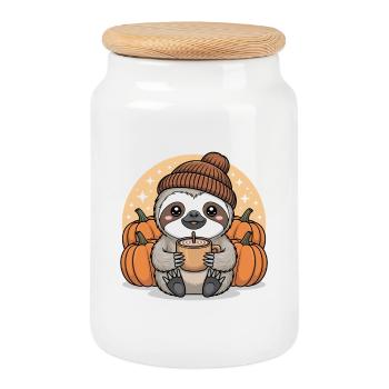 Paresseux sucré avec citrouilles et boisson chaude - Boîte à biscuits avec couvercle en bois - blanc - Devant