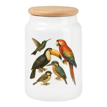 Colorful Illustration of Exotic Birds - Cookie Jar with Wooden Lid - white - Front