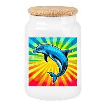 dolphin - Cookie Jar with Wooden Lid - white - Front