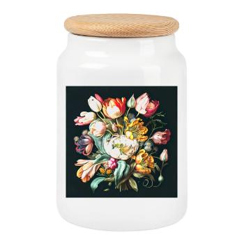 Bouquet of flowers in oil painting aesthetics of old masters - Cookie Jar with Wooden Lid - white - Front