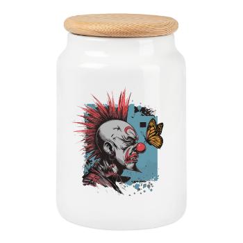 clownPunk and Butterfly - Cookie Jar with Wooden Lid - white - Front