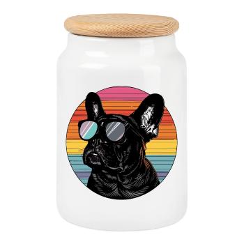 Stylischer French Bulldog mit Sonnenbrille - Keksdose mit Holzdeckel - Weiß - Vorne