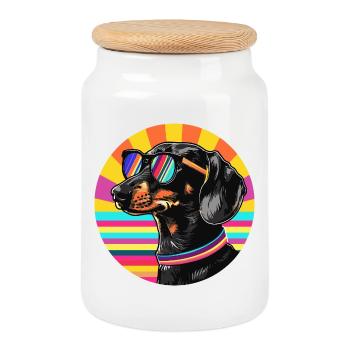 Basset Hound with Retro Sunglasses - Cookie Jar with Wooden Lid - white - Front
