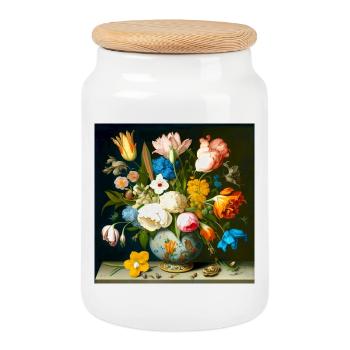 Elegant flower vase colorful flowers Flemish - Cookie Jar with Wooden Lid - white - Front