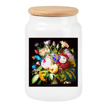 Bouquet coloré sur flamand noir - Boîte à biscuits avec couvercle en bois - blanc - Devant