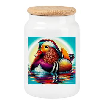 Mandarin duck - Cookie Jar with Wooden Lid - white - Front