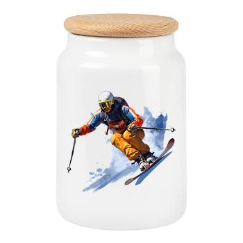 Aventurier du ski sur la neige - Boîte à biscuits avec couvercle en bois - blanc - Devant