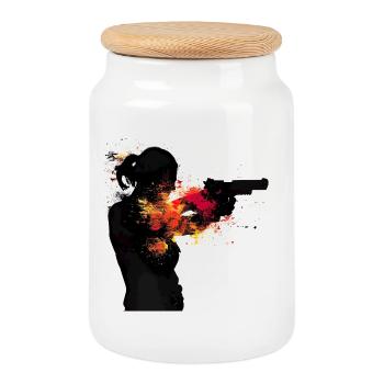 Femme abstraite avec pistolet en couleur explosion, sport - Boîte à biscuits avec couvercle en bois - blanc - Devant