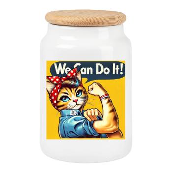 Empowered Kitty Rosie, Love Cats  - Cookie Jar with Wooden Lid - white - Front