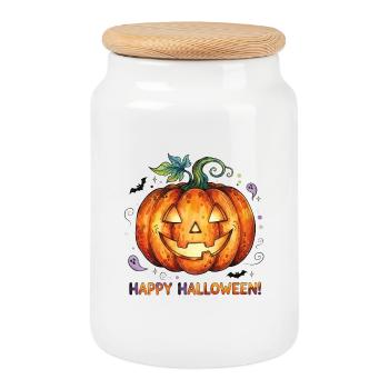 laughing halloween pumpkin - Cookie Jar with Wooden Lid - white - Front