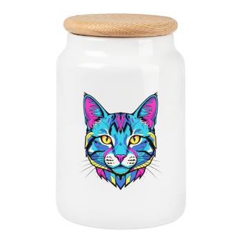 Portrait de chat néon - Boîte à biscuits avec couvercle en bois - blanc - Devant