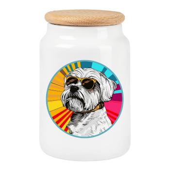 Lustiger Hund mit Sonnenbrille - Keksdose mit Holzdeckel - Weiß - Vorne
