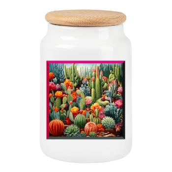Vibrant Cactus and Succulent Garden Embroidery - Cookie Jar with Wooden Lid - white - Front