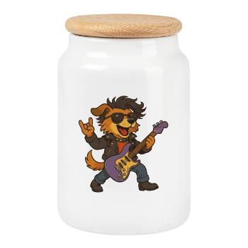 Chien à bascule avec guitare électrique - Boîte à biscuits avec couvercle en bois - blanc - Devant