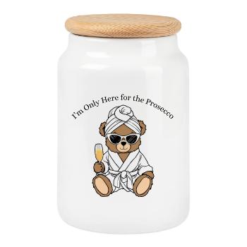 Party Teddy – Only Here for the Prosecco - Keksdose mit Holzdeckel - Weiß - Vorne