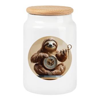 Charming sloth with clock motif - Cookie Jar with Wooden Lid - white - Front
