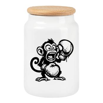 Singe de dessin animé avec fruit et crâne - Boîte à biscuits avec couvercle en bois - blanc - Devant