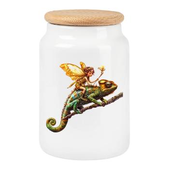 Magical elf rider on chameleon - Cookie Jar with Wooden Lid - white - Front