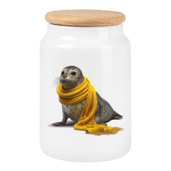 Phoque mignon avec écharpe jaune - Boîte à biscuits avec couvercle en bois - blanc - Devant