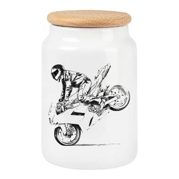 Motorcycle stunt - Cookie Jar with Wooden Lid - white - Front