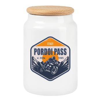 Pordoi Pass Italy Dolomites Motorcycle Route - Cookie Jar with Wooden Lid - white - Front