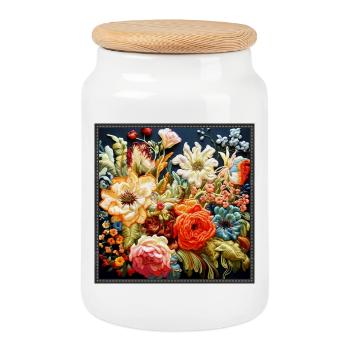 Floral Vines Embroidery in Pastel Shades Tapestry - Cookie Jar with Wooden Lid - white - Front