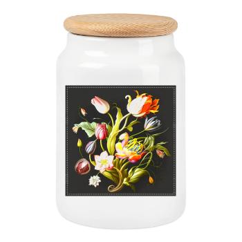 Florales Kunstwerk mit Lebendigen Blüten Stickerei - Keksdose mit Holzdeckel - Weiß - Vorne
