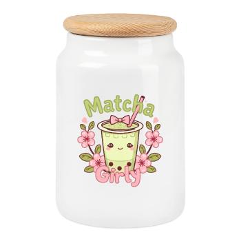 Kawaii Matcha Latte – Matcha Girly - Cookie Jar with Wooden Lid - white - Front