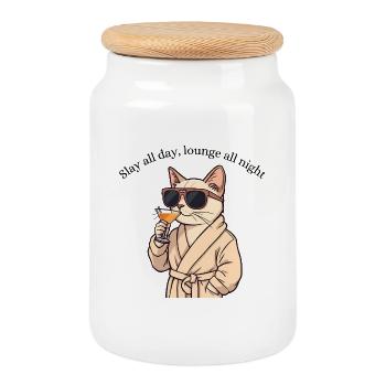 Cat in Style – Slay All Day, Lounge All Night - Keksdose mit Holzdeckel - Weiß - Vorne
