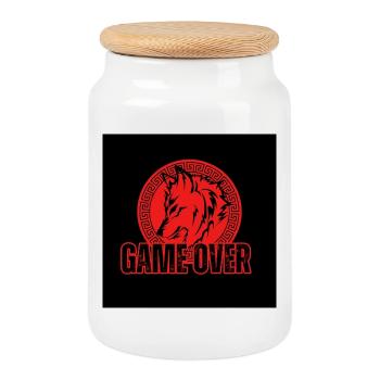 Aggressiver Roter Wolf "Game Over" - Keksdose mit Holzdeckel - Weiß - Vorne