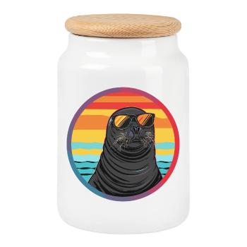 Seehund mit Sonnenbrille - Keksdose mit Holzdeckel - Weiß - Vorne